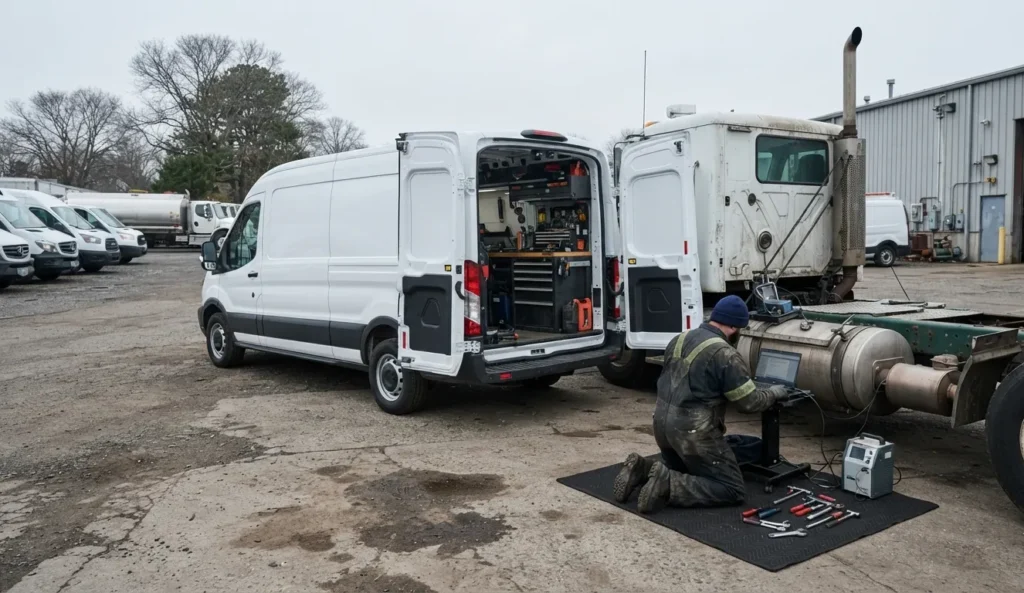 Mobile fleet service van performing onsite DPF and DEF cleaning at a commercial truck yard on Long Island