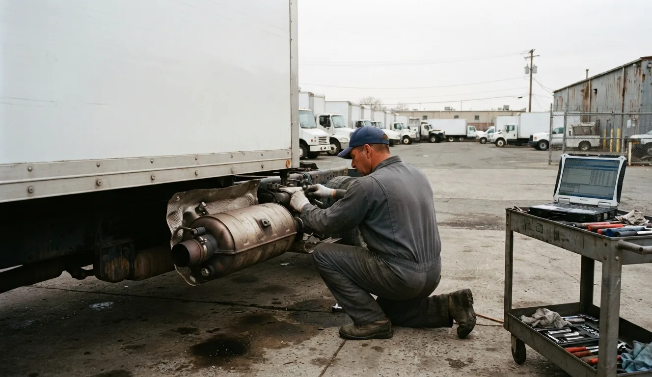 Mobile mechanic performing DPF and DEF cleaning on a commercial fleet truck at a Long Island depot