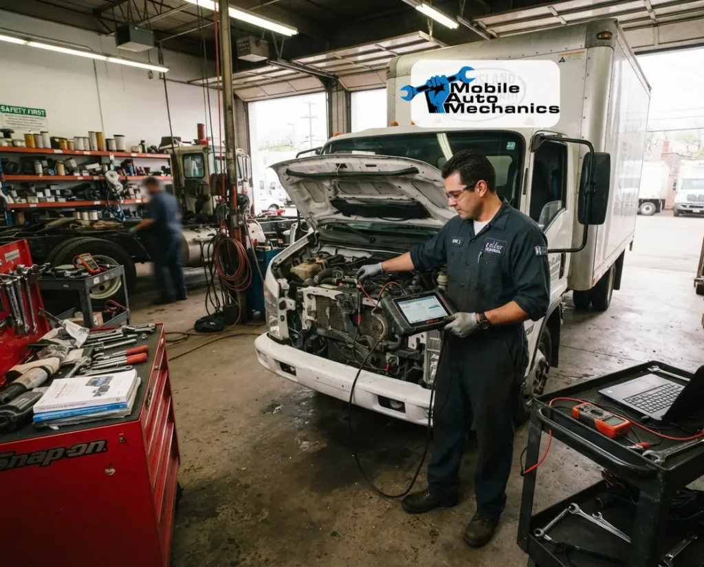 ASE certified technician diagnosing a commercial fleet truck engine at a Long Island shop