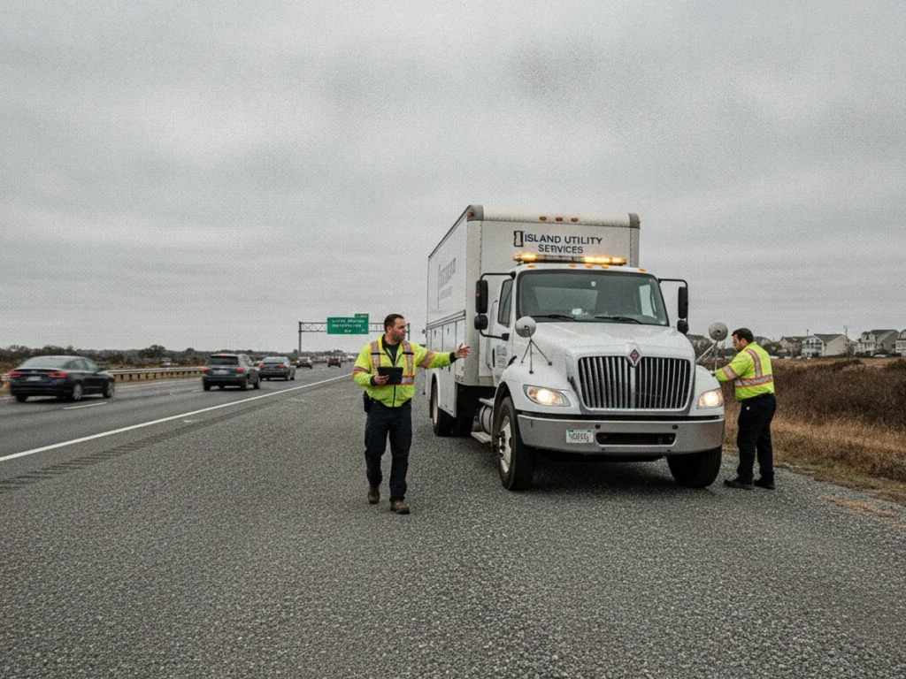 Commercial work truck stopped for a roadside DOT inspection on a Long Island roadway
