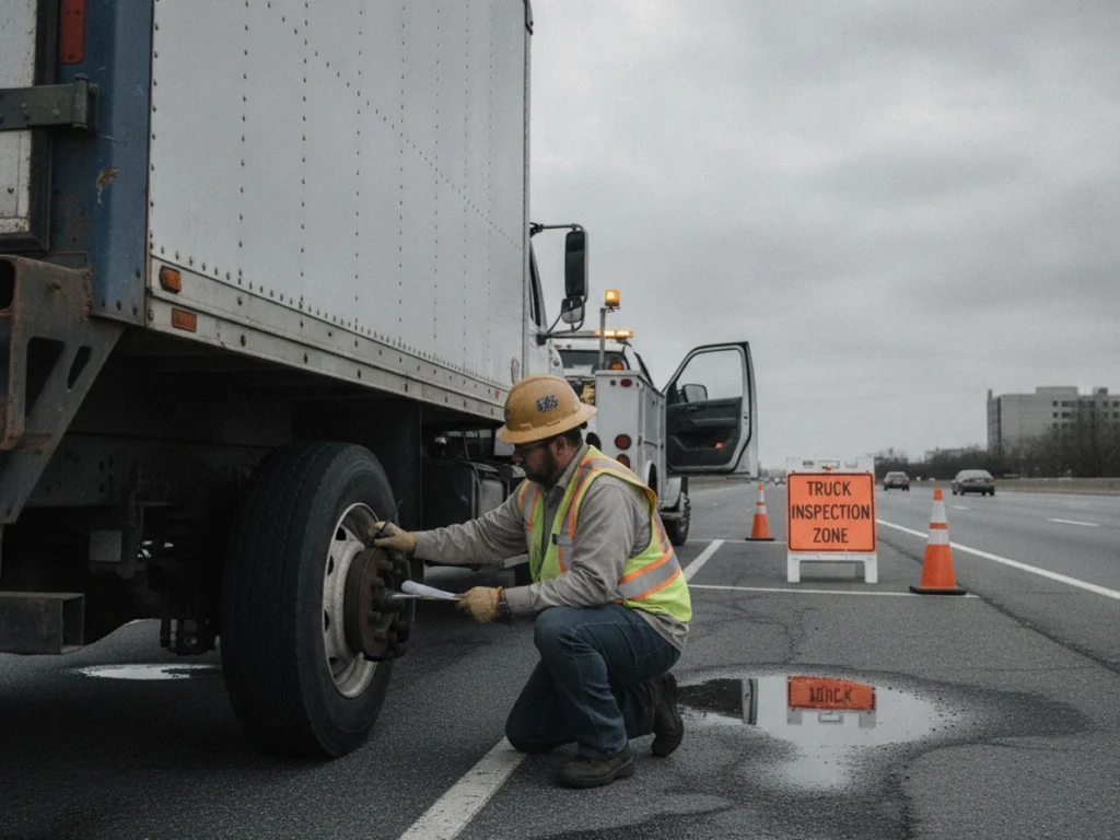 Inspector checking a commercial fleet truck during a DOT inspection at a Long Island roadside stop