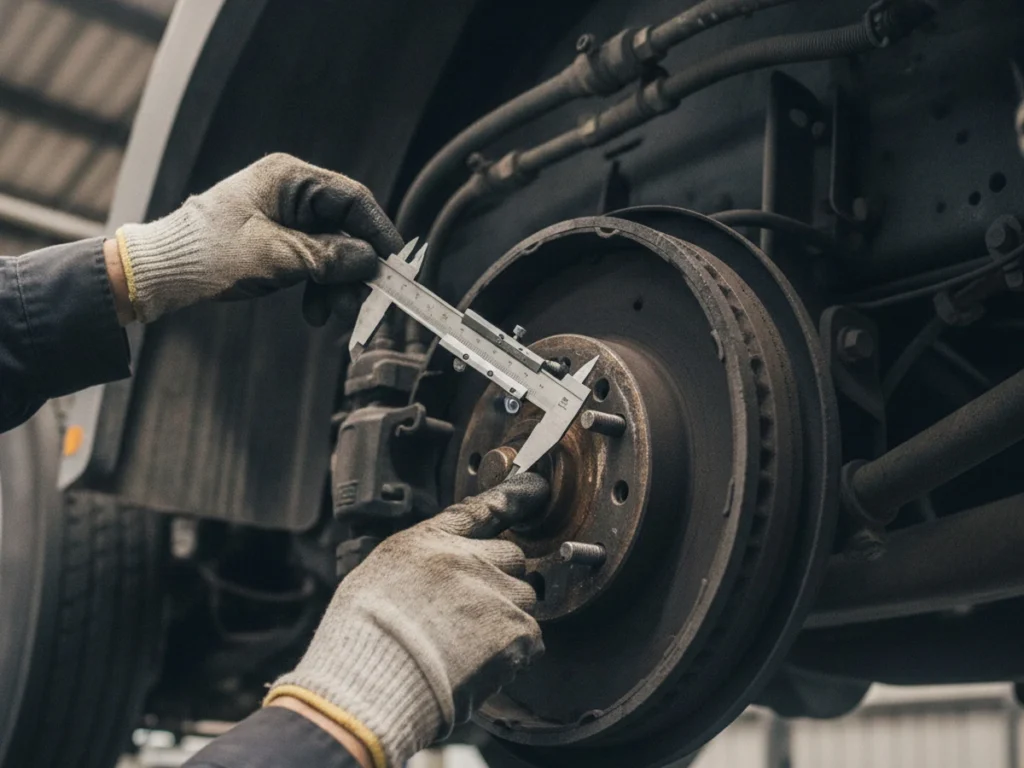 Mechanic checking brake components on a commercial truck to prepare for a DOT inspection