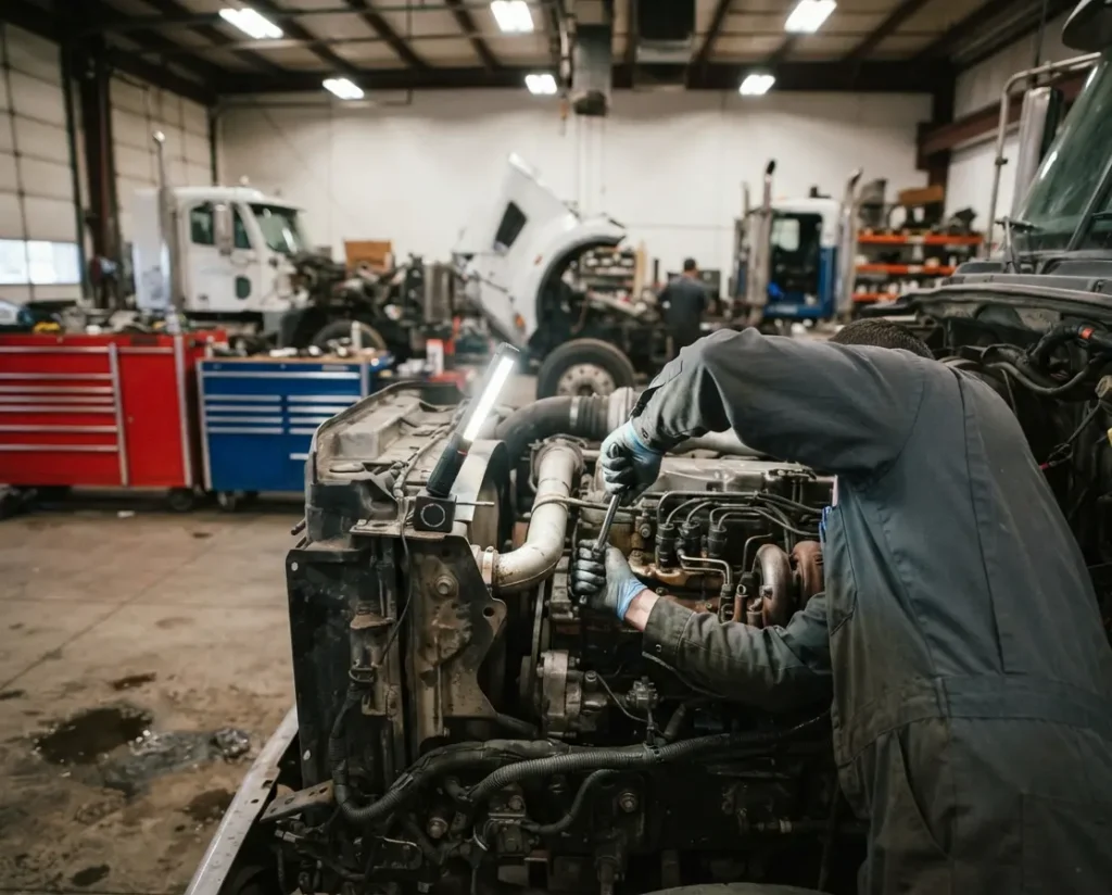 Technician servicing the diesel engine and brakes on a commercial fleet truck