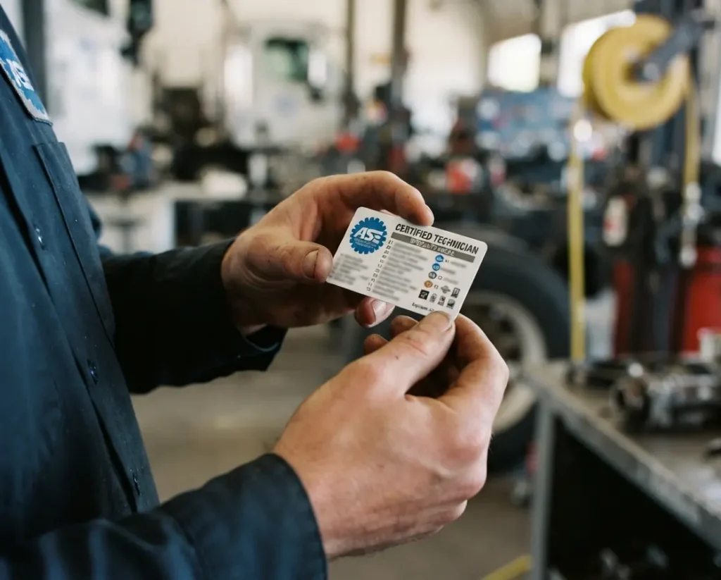 Technician's ASE certification card listing medium and heavy truck specialty areas